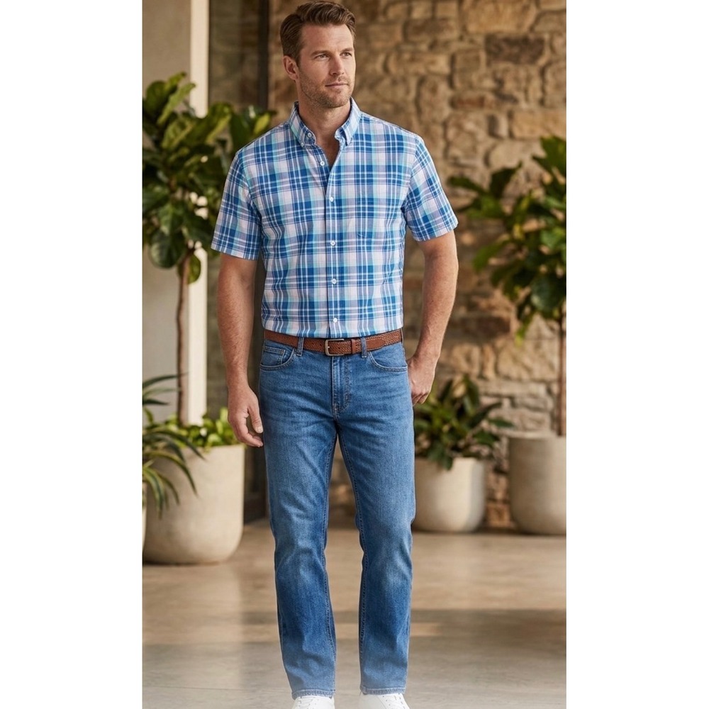IZOD Mens Blue Plaid Short Sleeve Button Down Shirt Large Teal White Check